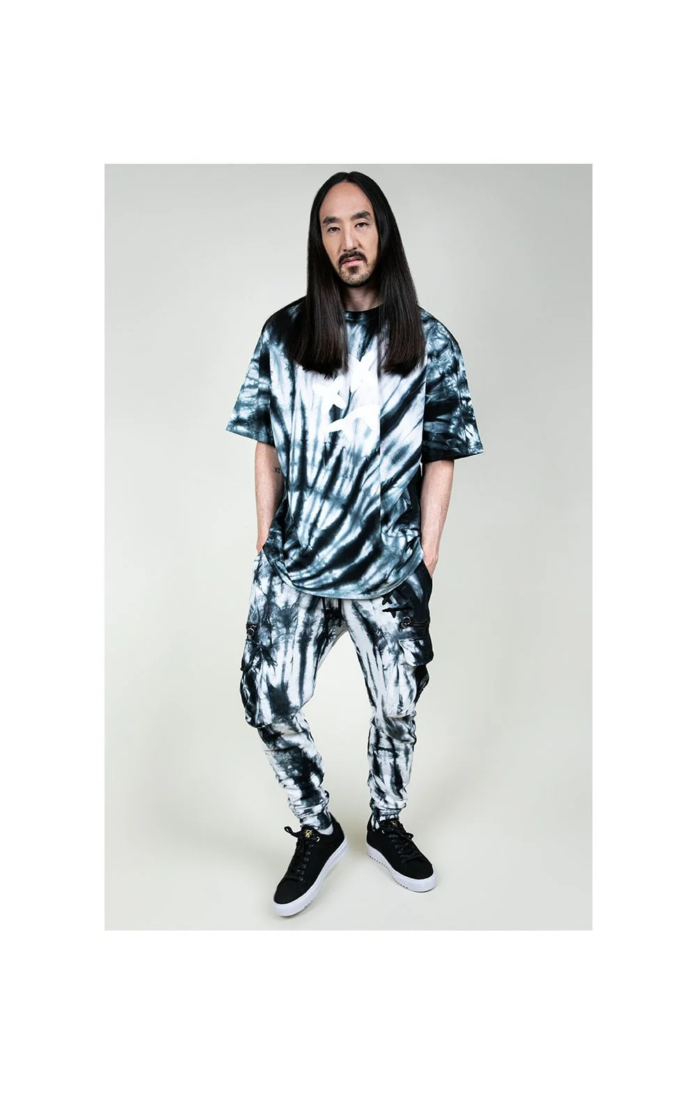 SikSilk X Steve Aoki Cargo Joggers - Black & White Ink Tie Dye - Image 5