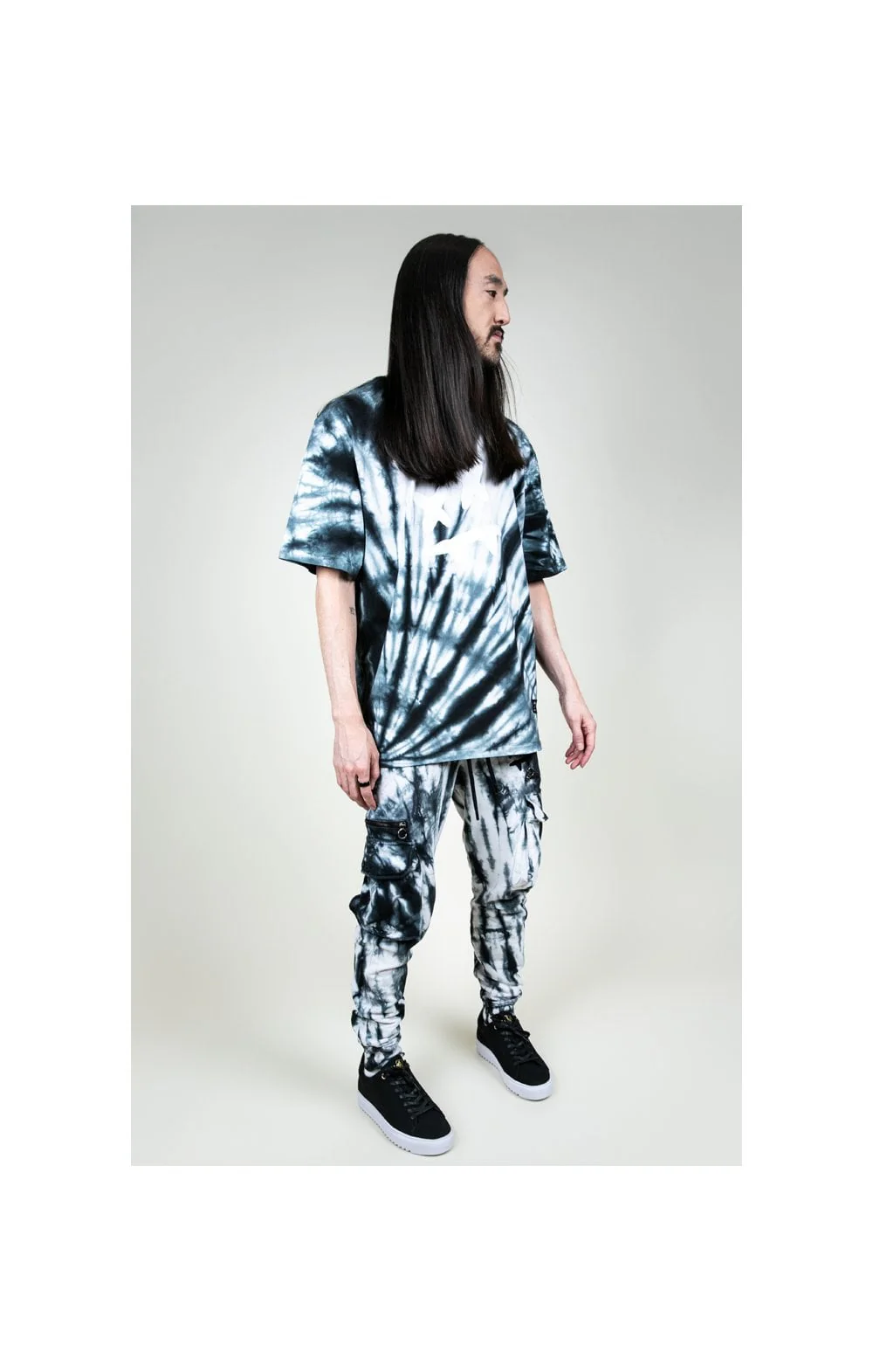 SikSilk X Steve Aoki Cargo Joggers - Black & White Ink Tie Dye - Image 6