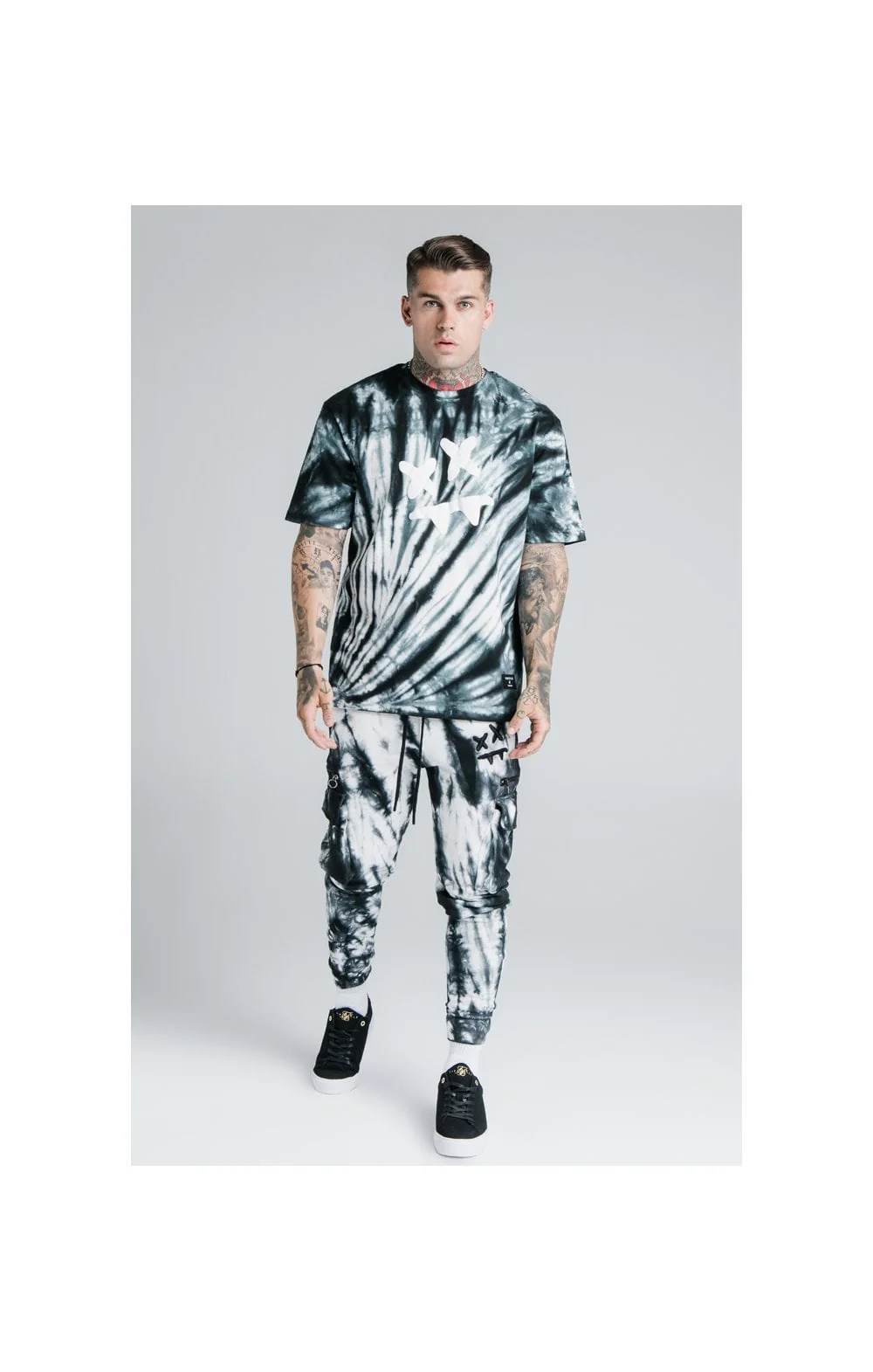 SikSilk X Steve Aoki Cargo Joggers - Black & White Ink Tie Dye - Image 8