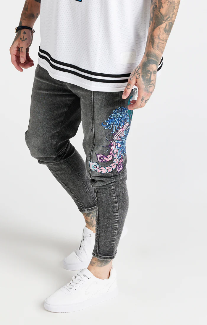 SikSilk X Steve Aoki Drop Crotch Embroidered Jeans - Snow Wash - Image 2