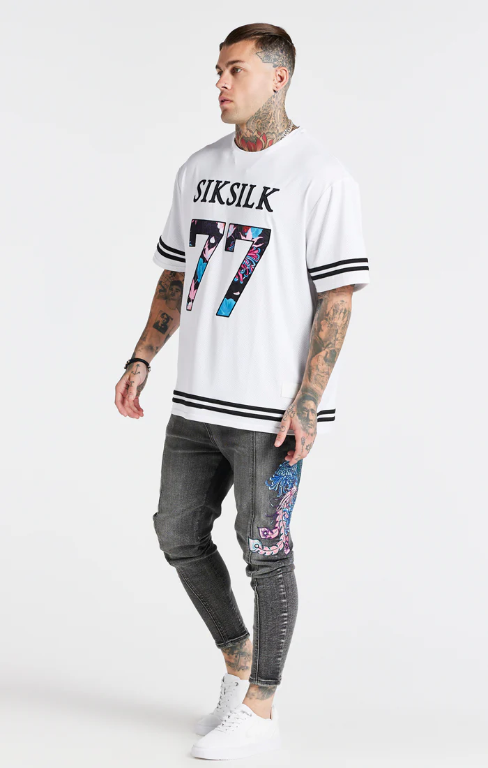 SikSilk X Steve Aoki Drop Crotch Embroidered Jeans - Snow Wash - Image 3