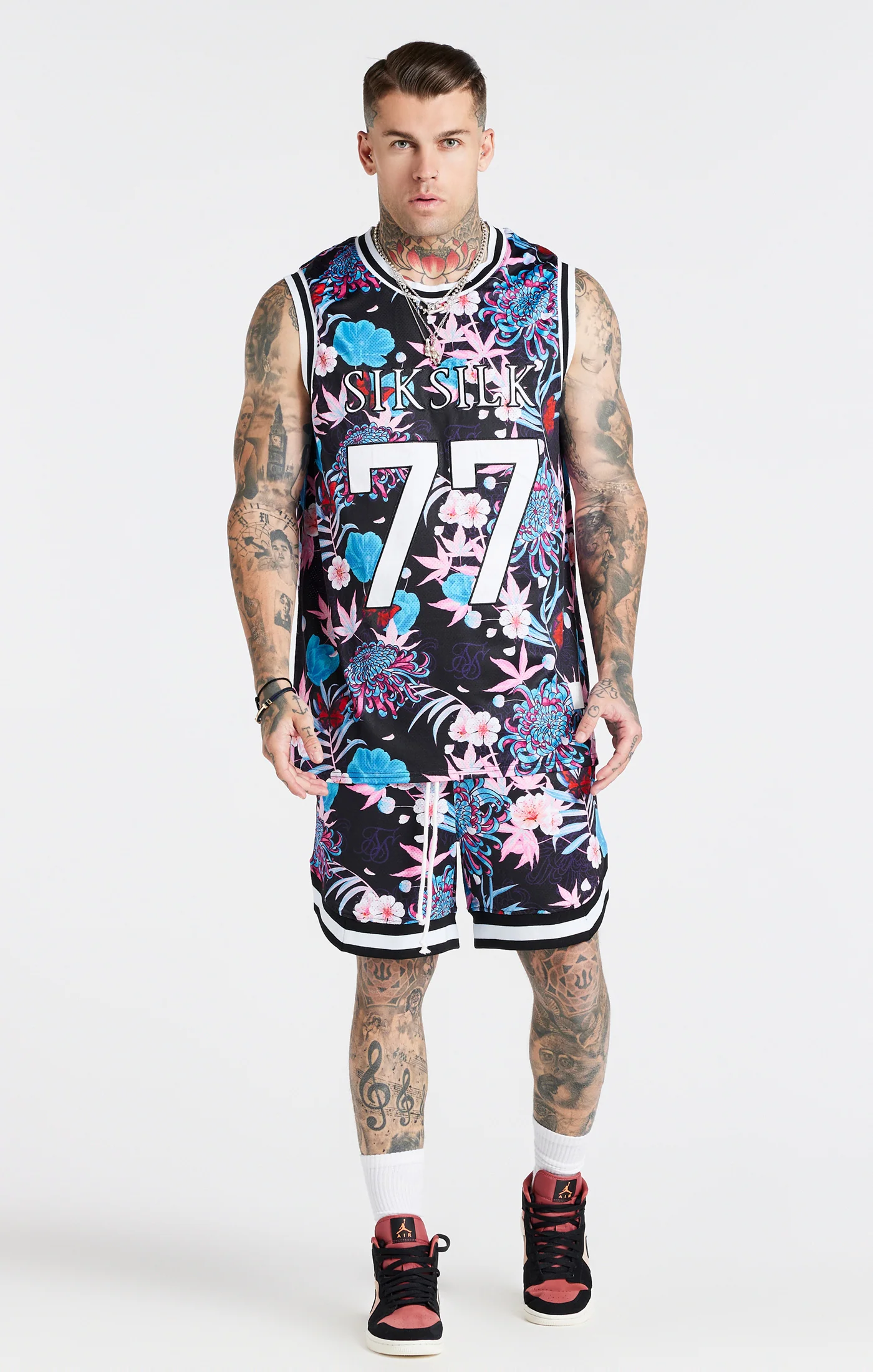 SikSilk X Steve Aoki Mesh Baseball Vest - Blue,Pink & White - Image 4