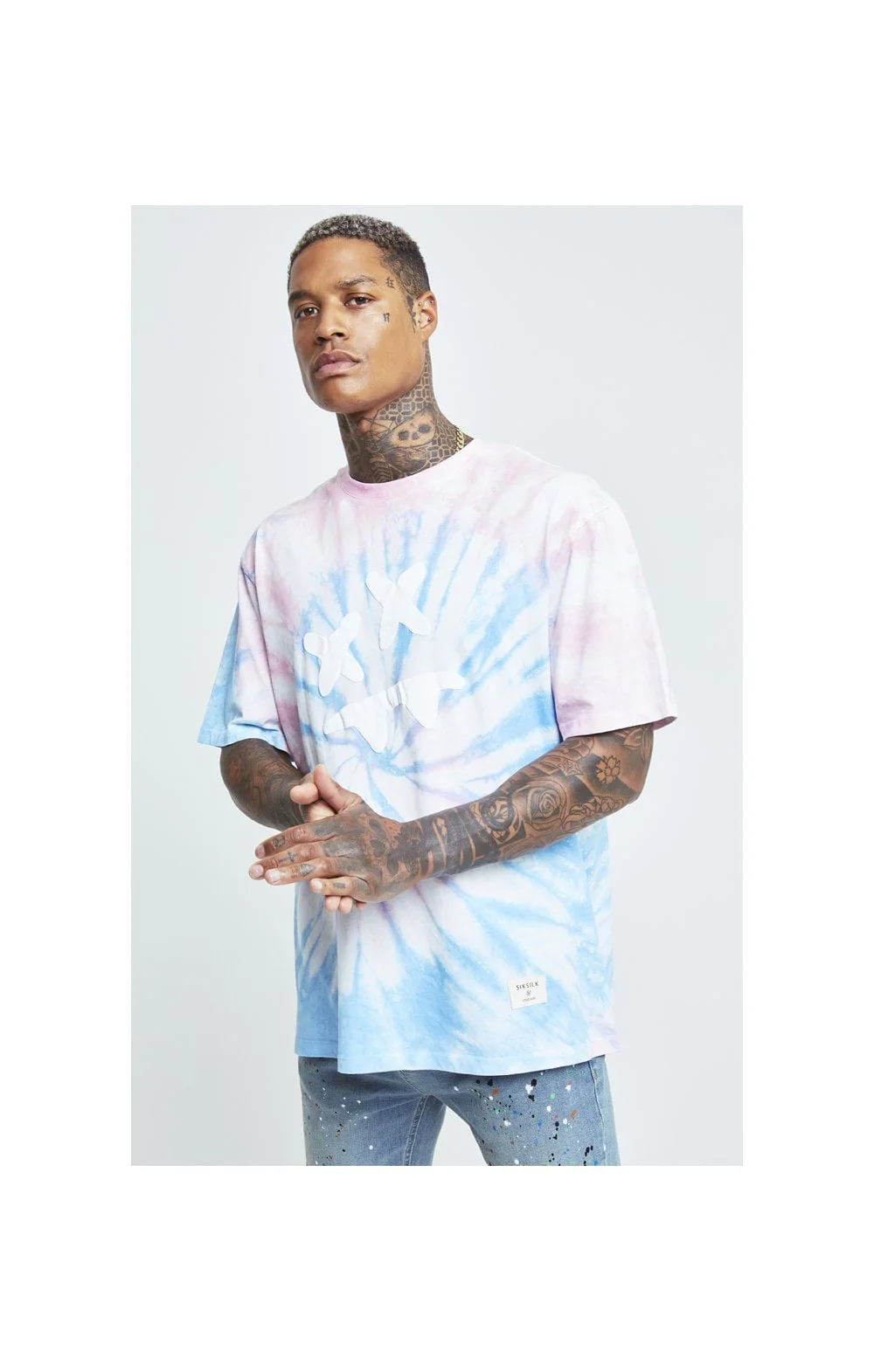 SikSilk X Steve Aoki S/S Oversize Essential Tee - Baby Pink & Blue Tie Dye - Image 2