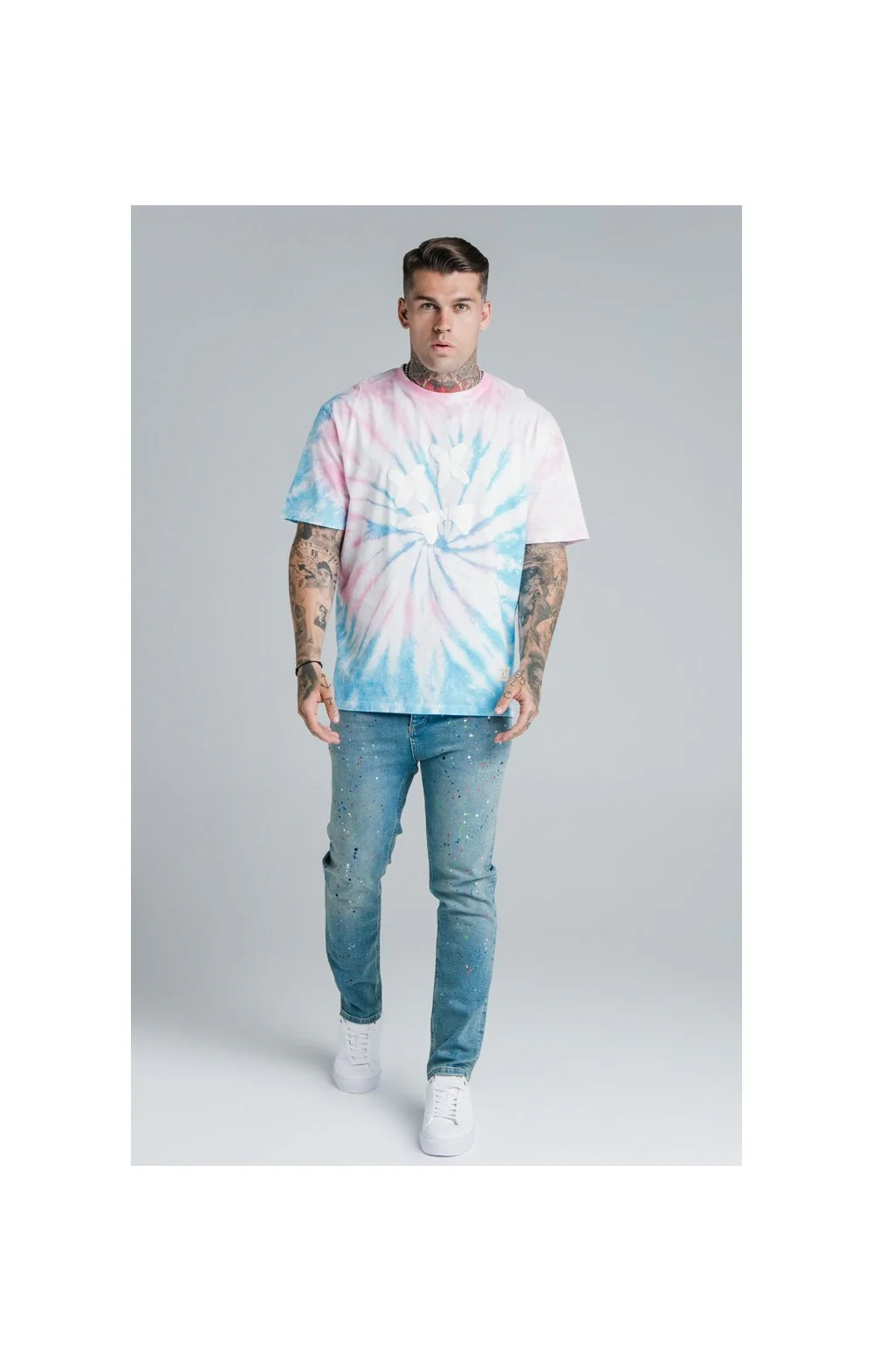SikSilk X Steve Aoki S/S Oversize Essential Tee - Baby Pink & Blue Tie Dye - Image 5