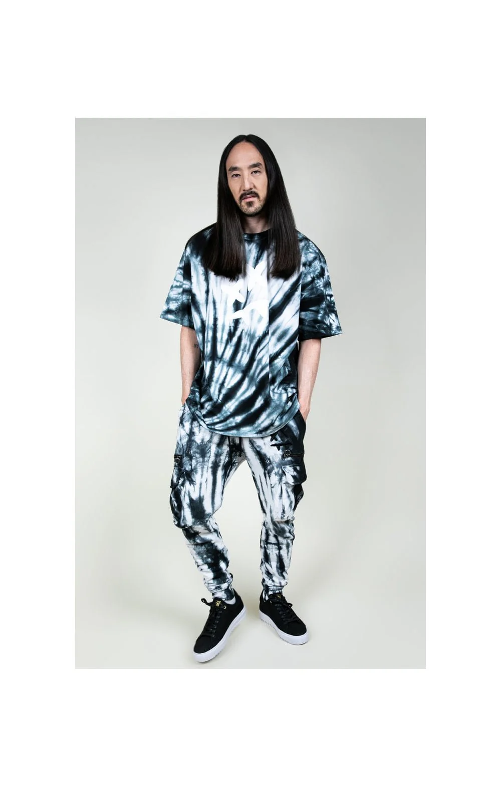 SikSilk X Steve Aoki S/S Oversize Essential Tee – Black & White Tie Dye - Image 4