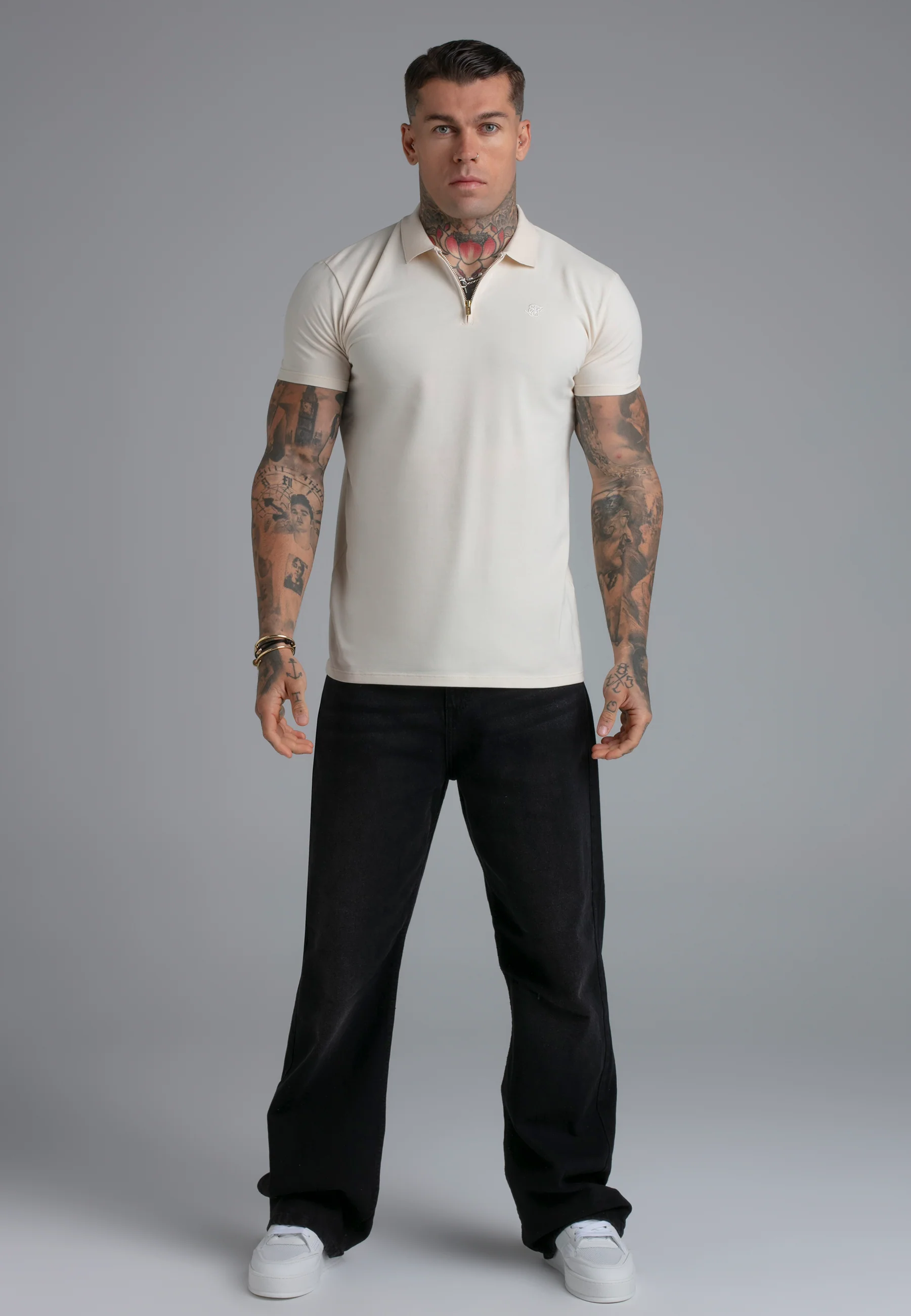 Ecru Zip Polo T-Shirt - Image 3