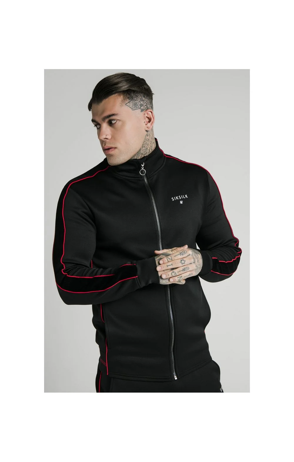 SikSilk Zip Through Funnel Neck Hoodie – Black & Red