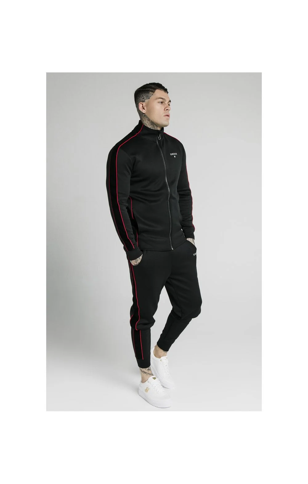 SikSilk Zip Through Funnel Neck Hoodie – Black & Red - Image 6