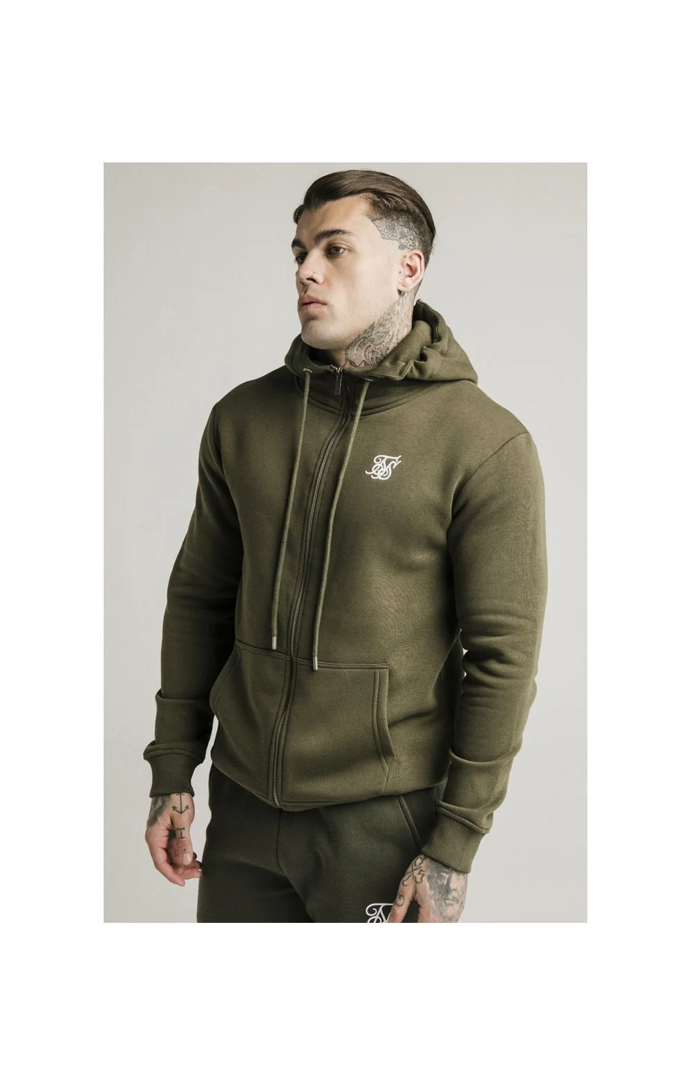SikSilk Zip Through Funnel Neck Hoodie - Khaki