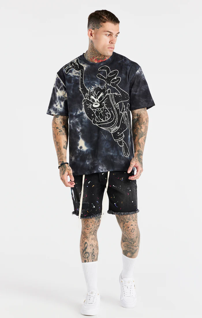Space Jam X SikSilk Marble Wash Oversized Graphic Tee - Black & Ecru - Image 3