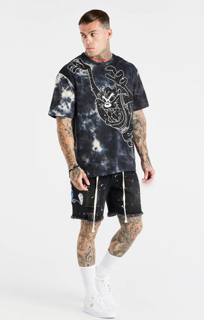 Space Jam X SikSilk Marble Wash Oversized Graphic Tee - Black & Ecru - Image 4
