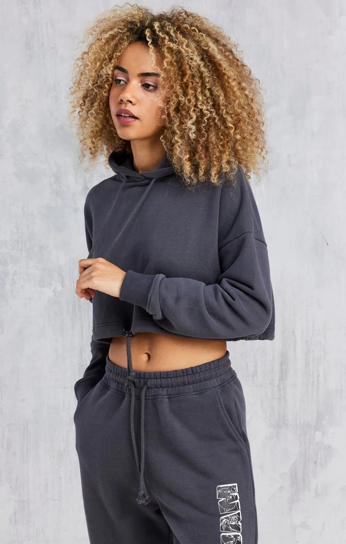 Space Jam X SikSilk Peached Cropped Hoodie - Dark Grey