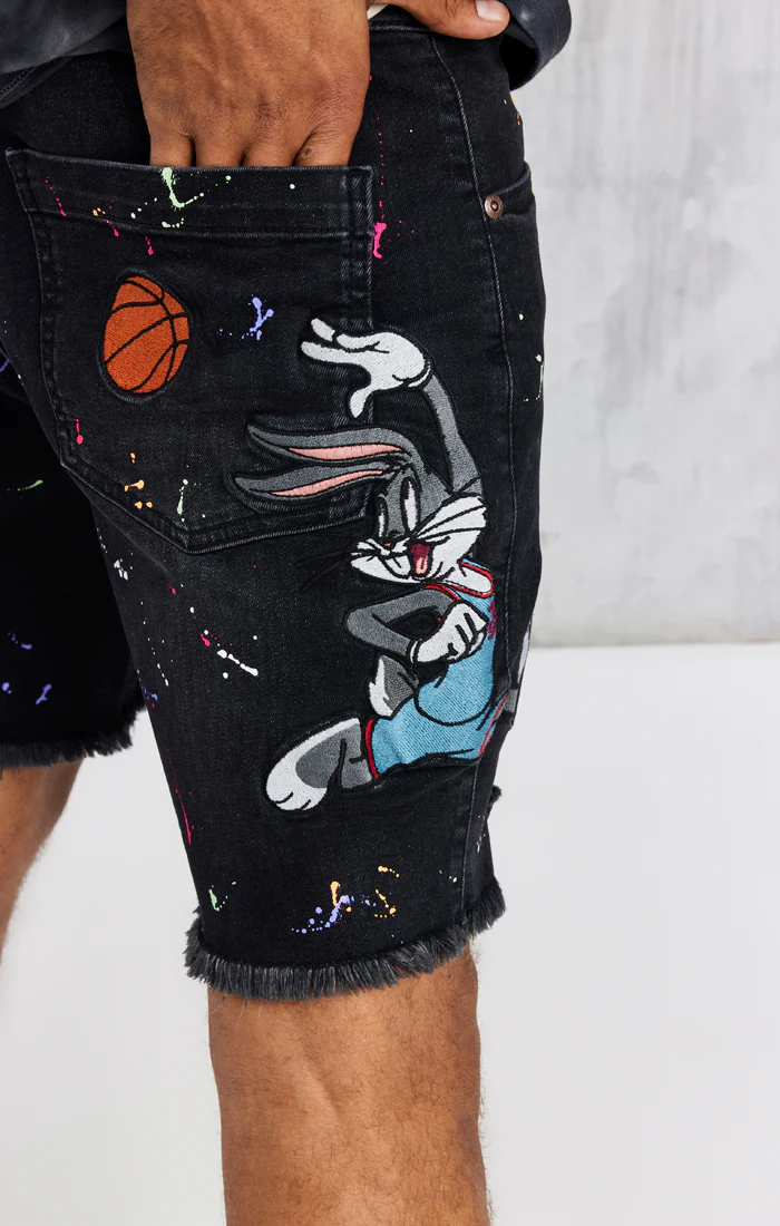Black Space Jam x SikSilk Applique Distressed Denim Short - Image 2