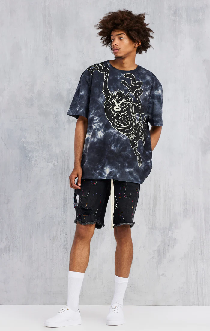 Black Space Jam x SikSilk Applique Distressed Denim Short - Image 4