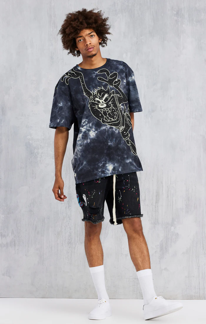 Black Space Jam x SikSilk Applique Distressed Denim Short - Image 5
