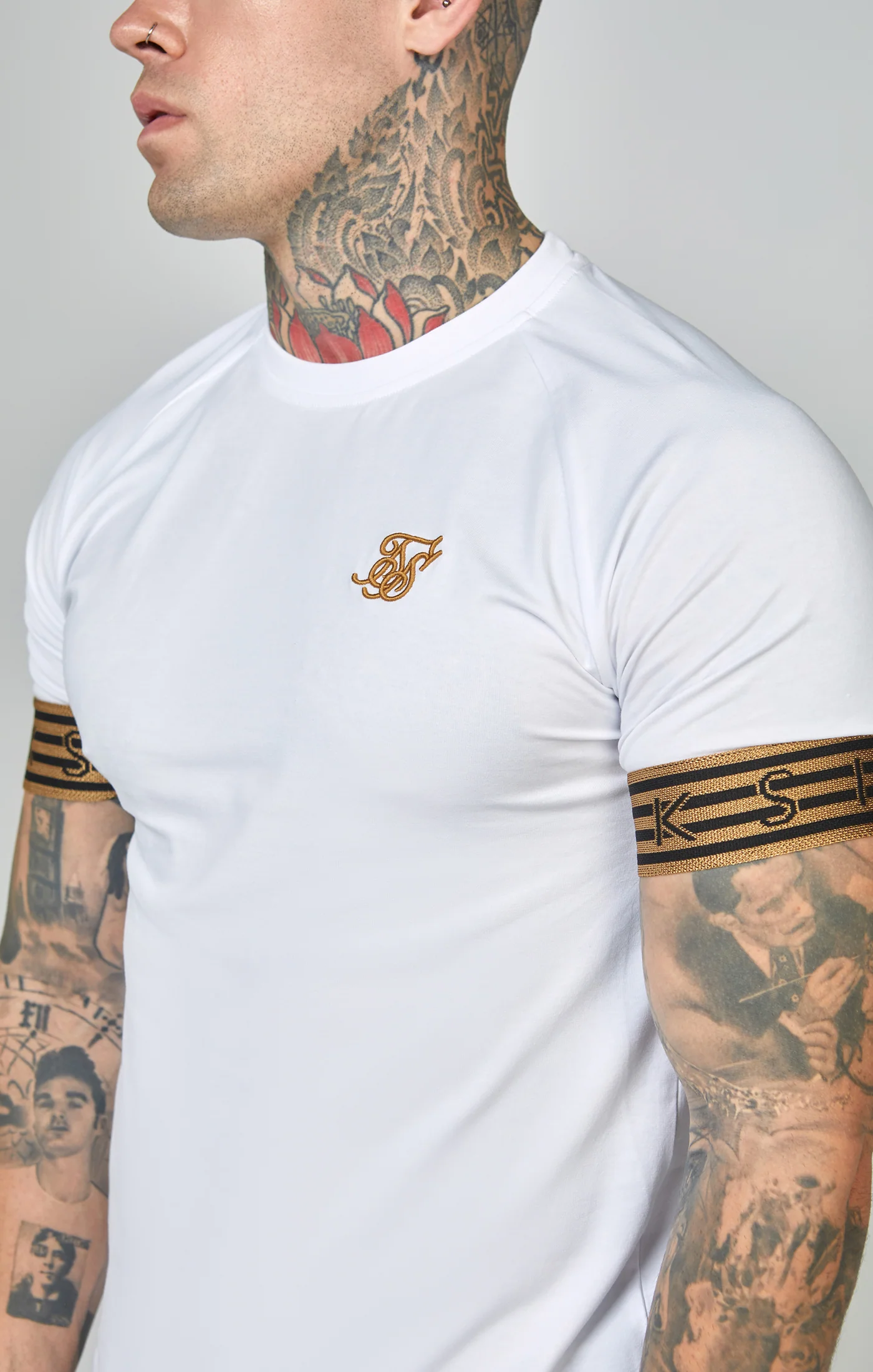 White, Gold Knitted Elastic Cuffed T-Shirt - Image 2